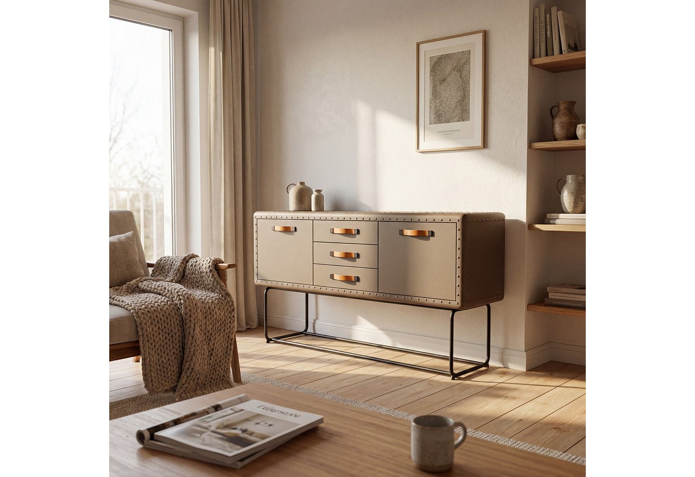 FUFU&GAGA Sideboard 160cm Leder-Optik, Vintage Kommode Industrial Style – Bild 2 von 5