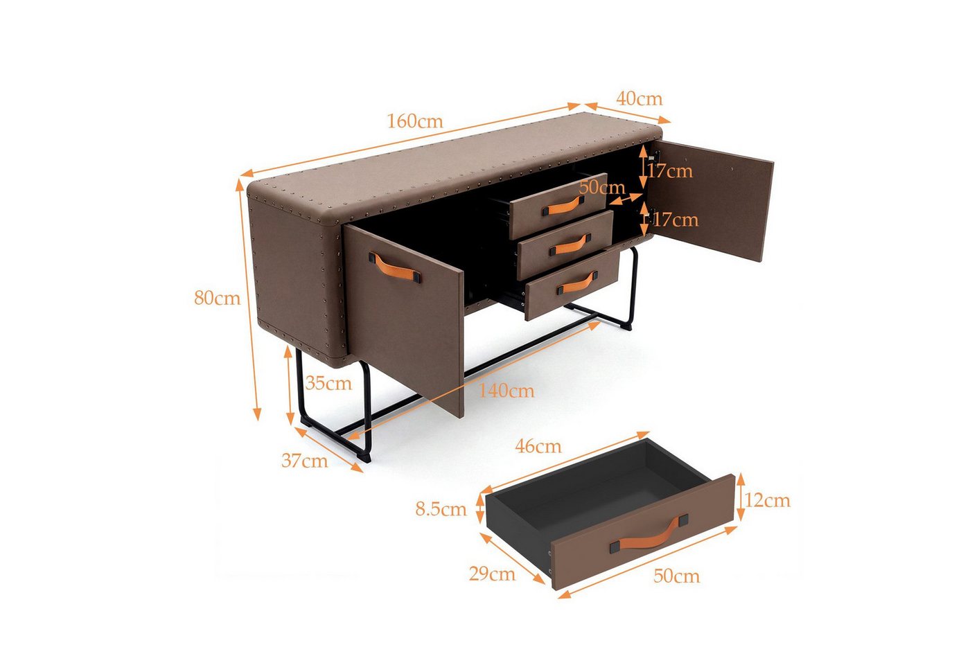 FUFU&GAGA Sideboard 160cm Leder-Optik, Vintage Kommode Industrial Style – Bild 3 von 5