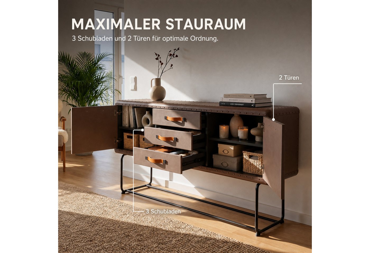 FUFU&GAGA Sideboard 160cm Leder-Optik, Vintage Kommode Industrial Style – Bild 4 von 5