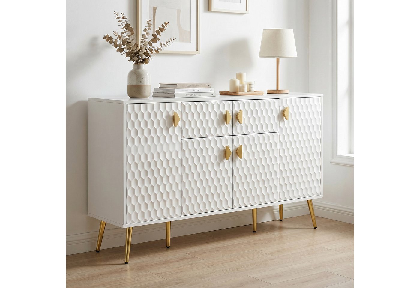 FUFU&GAGA Sideboard Sideboard 160cm Weiß, 3D Waben Design Anrichte Wohnzimmer – Bild 2 von 5