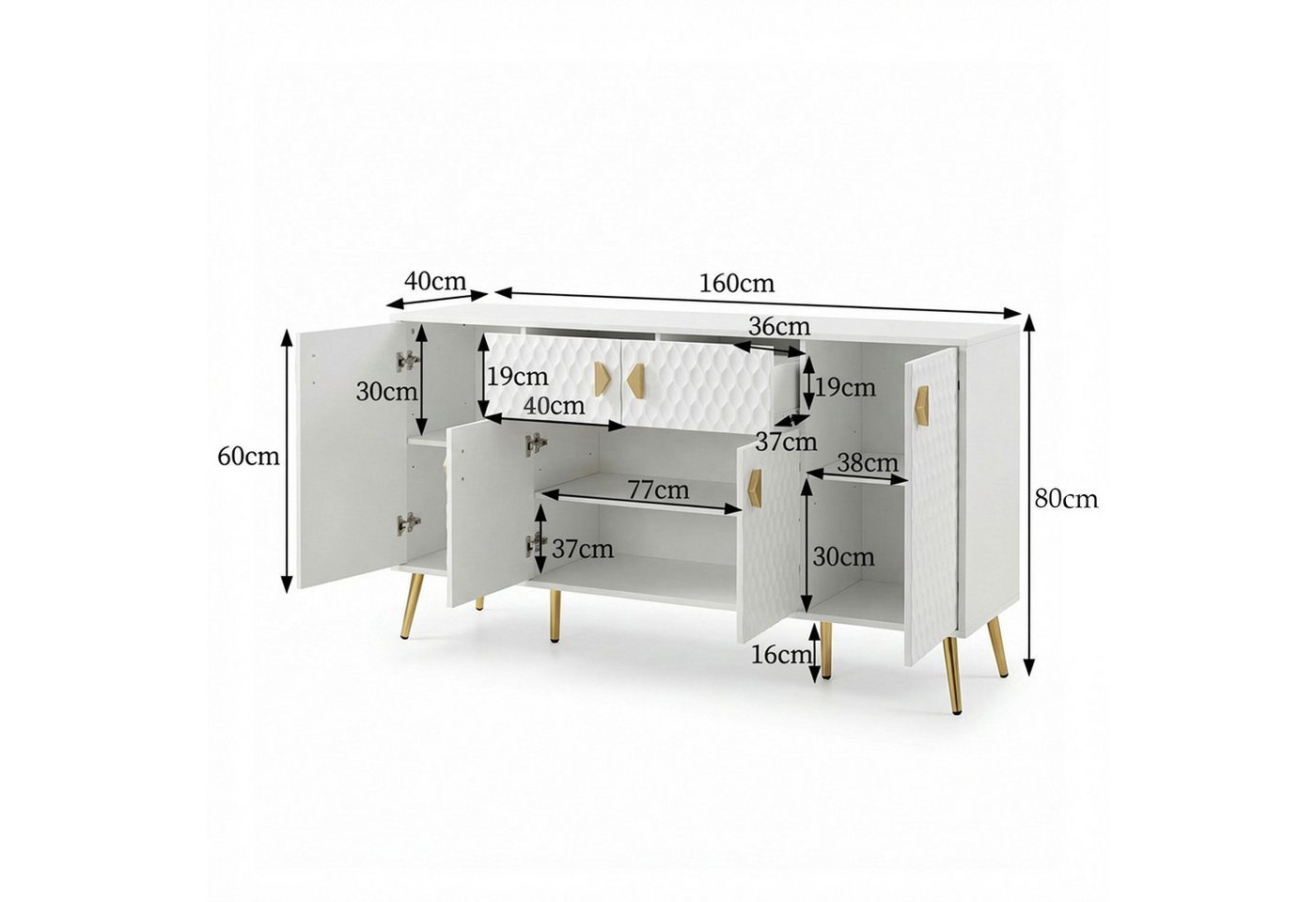 FUFU&GAGA Sideboard Sideboard 160cm Weiß, 3D Waben Design Anrichte Wohnzimmer – Bild 3 von 5