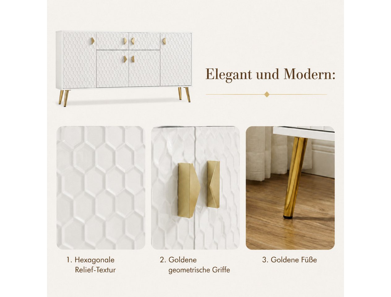 FUFU&GAGA Sideboard Sideboard 160cm Weiß, 3D Waben Design Anrichte Wohnzimmer – Bild 5 von 5