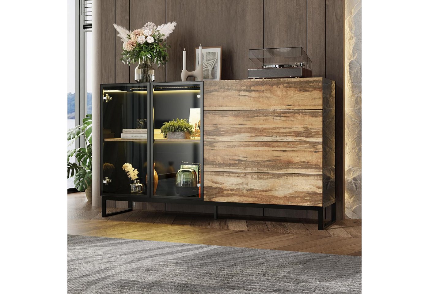 FUFU&GAGA Sideboard Highboard 160cm Vitrine mit LED, Glasvitrine Sideboard, Holz – Bild 2 von 5