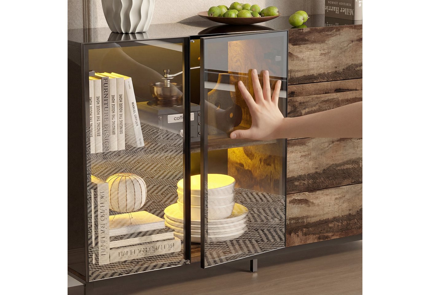 FUFU&GAGA Sideboard Highboard 160cm Vitrine mit LED, Glasvitrine Sideboard, Holz – Bild 3 von 5