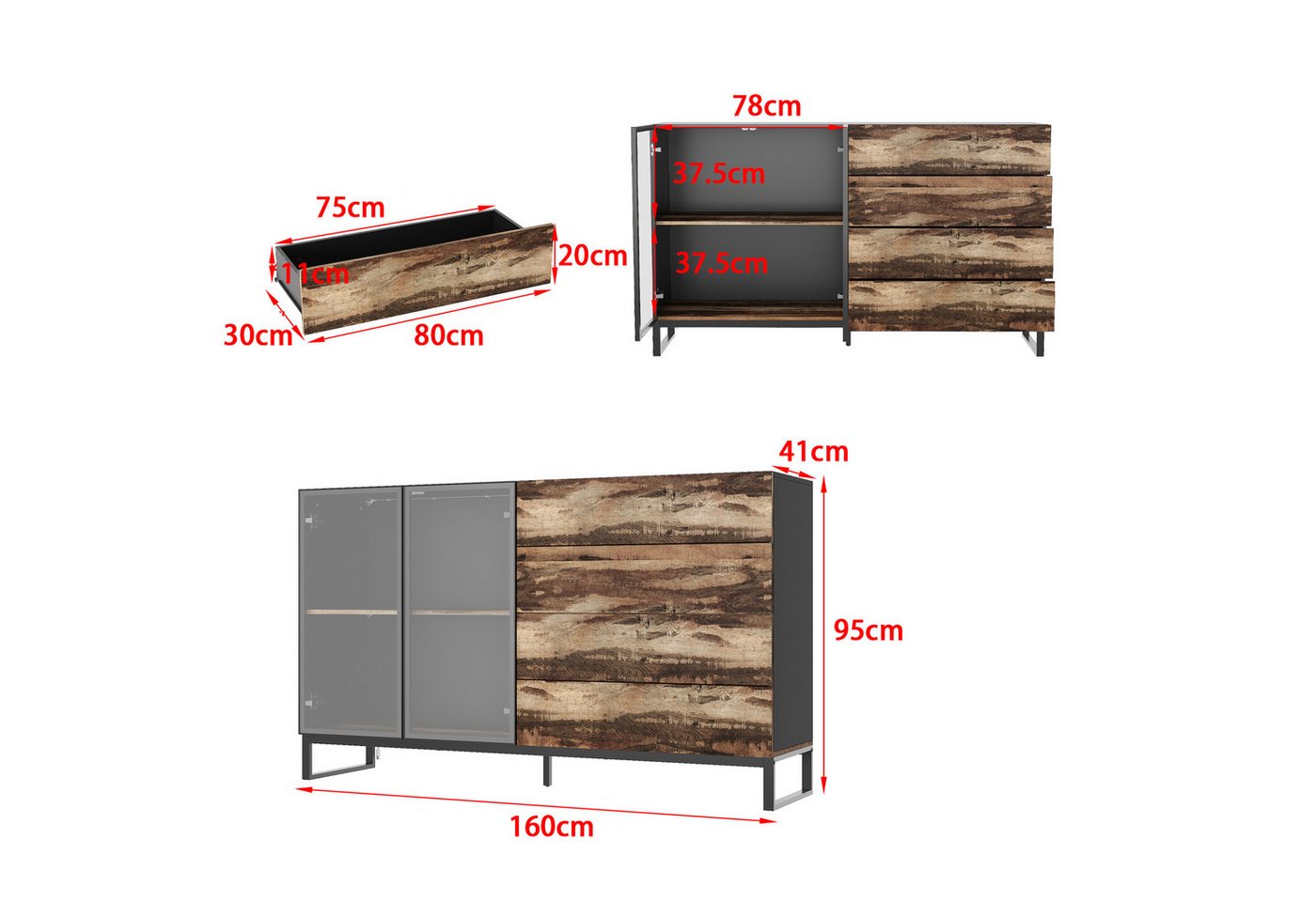 FUFU&GAGA Sideboard Highboard 160cm Vitrine mit LED, Glasvitrine Sideboard, Holz – Bild 4 von 5