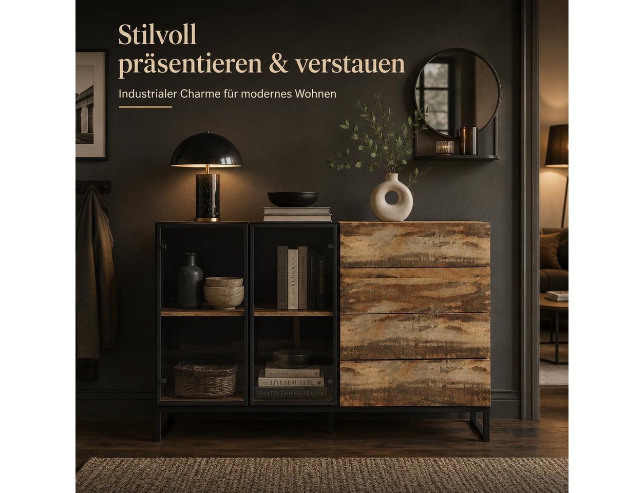 FUFU&GAGA Sideboard Highboard 160cm Vitrine mit LED, Glasvitrine Sideboard, Holz – Bild 5 von 5