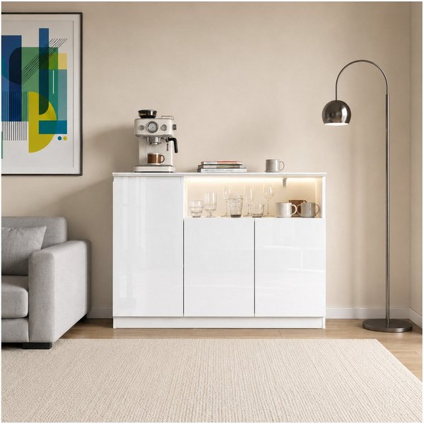 FUFU&GAGA Sideboard Hochglanz Kommode mit LED-Beleuchtung, weiß, 80-200 cm