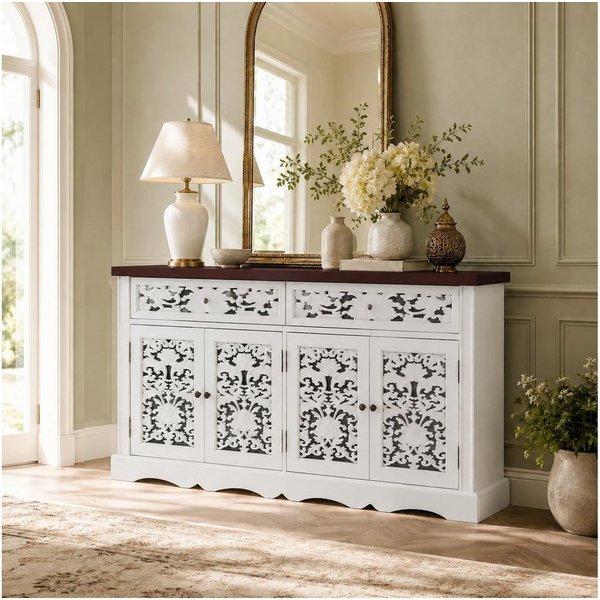 FUFU&GAGA Sideboard mit Schnitzfront, Vintage Landhaus Kommode, Weiß & Holz