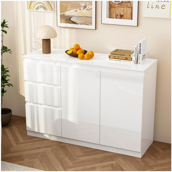 FUFU&GAGA Sideboard Weiß PET Hochglanz LED Kommode grifflos 120 / 155 cm