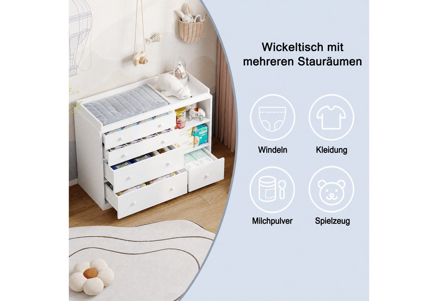 FUFU&GAGA Wickelkommode Wickelkommode mit Stauraum, Baby-Kommode weiß, MDF, 120×50×91,5 cm – Bild 5 von 5