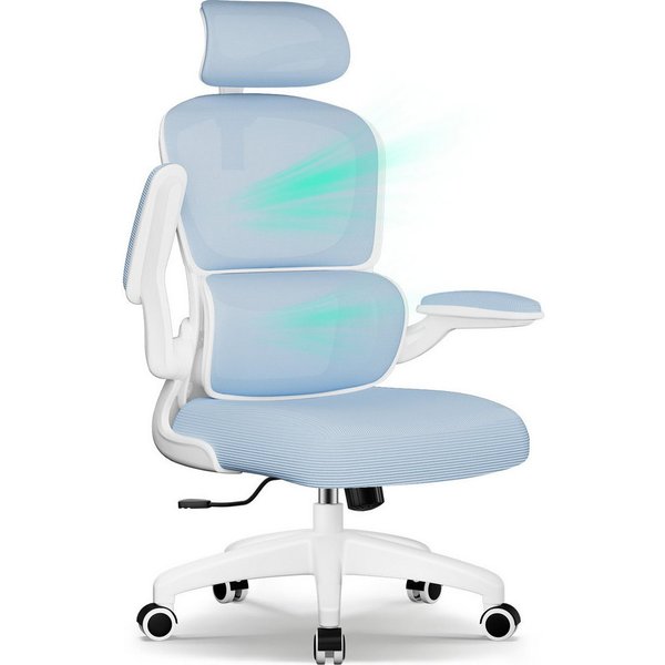 Fukstern Bürostuhl Ergonomischer Bürostuhl mit 90° klappbaren Armlehnen (Verstellbare Kopfstütze, atmungsaktiver Mesh-Bezug, Rücken- und Taillenstütze, Neigung 
