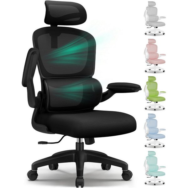 Fukstern Bürostuhl Ergonomischer Bürostuhl mit 90° klappbaren Armlehnen (Verstellbare Kopfstütze, atmungsaktiver Mesh-Bezug, Rücken- und Taillenstütze, Neigung 