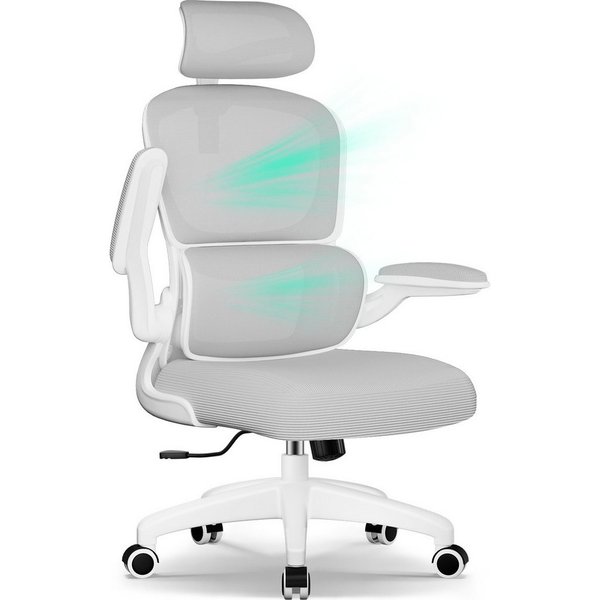 Fukstern Bürostuhl Ergonomischer Bürostuhl mit 90° klappbaren Armlehnen (Verstellbare Kopfstütze, atmungsaktiver Mesh-Bezug, Rücken- und Taillenstütze, Neigung 