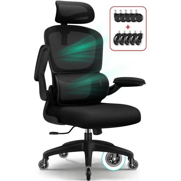 Fukstern Bürostuhl Ergonomischer Bürostuhl mit 90° klappbaren Armlehnen (Verstellbare Kopfstütze, atmungsaktiver Mesh-Bezug, Rücken- und Taillenstütze, Neigung 