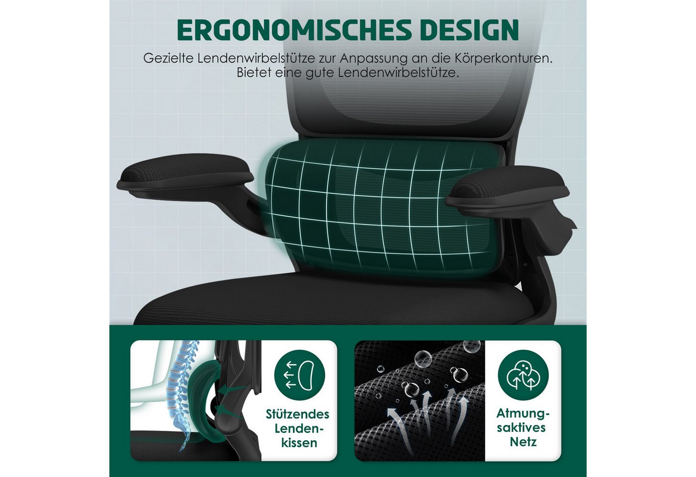 Fukstern Bürostuhl Ergonomischer Bürostuhl mit 90° klappbaren Armlehnen (Verstellbare Kopfstütze, atmungsaktiver Mesh-Bezug, Rücken- und Taillenstütze, Neigung  – Bild 3 von 5