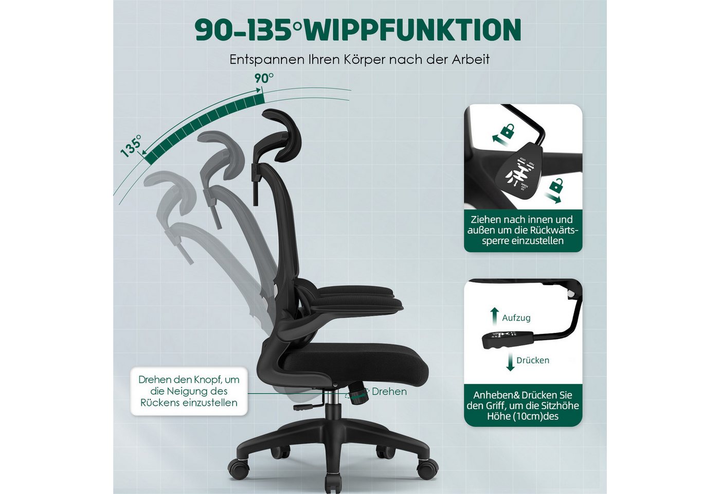 Fukstern Bürostuhl Ergonomischer Bürostuhl mit 90° klappbaren Armlehnen (Verstellbare Kopfstütze, atmungsaktiver Mesh-Bezug, Rücken- und Taillenstütze, Neigung  – Bild 4 von 5
