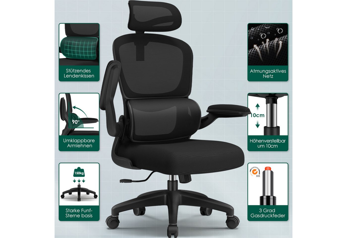 Fukstern Bürostuhl Ergonomischer Bürostuhl mit 90° klappbaren Armlehnen (Verstellbare Kopfstütze, atmungsaktiver Mesh-Bezug, Rücken- und Taillenstütze, Neigung  – Bild 5 von 5