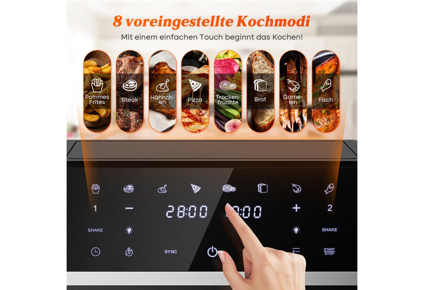 Fukstern Heißluftfritteuse 2 Kammern, 2 Schubladen,Airfryer 11L mit Sichtfenster, Touchdisplay, 8 voreingestellte Programme, unabhängiger Temperaturregelung, An – Bild 3 von 5