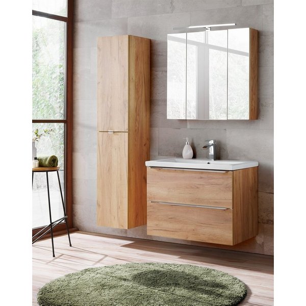 Fun Möbel Badmöbel-Set 4-tlg Badezimmerset PERUGIA Eiche inkl. Waschbecken 60cm o. 80cm, (Set, 4-St., Unterschrank 60 o. 80cm, Waschbecken, Hängeschrank, LED-Sp