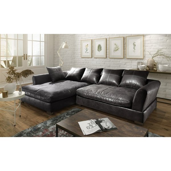 Fun Möbel Ecksofa Couchgarnitur TIZIAN L-Form in Wildlederoptik-Schwarz / Ottomane, N/A 1 Teile, 5 x Rückenkissen