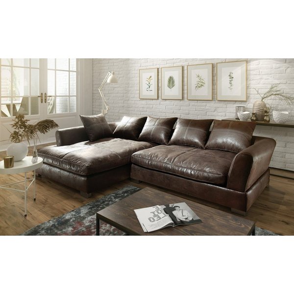 Fun Möbel Ecksofa Couchgarnitur TIZIAN L-Form in Wildlederoptik-Dunkelbraun / Ottomane, N/A 1 Teile, 5 x Rückenkissen