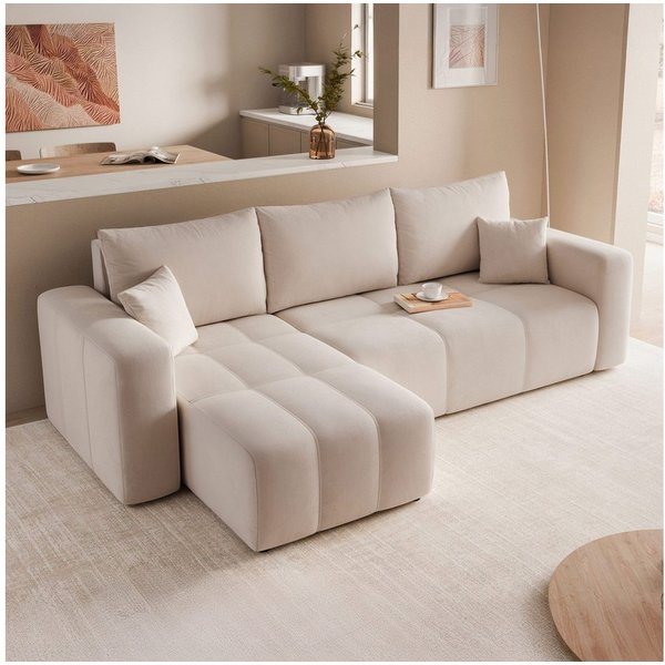 Fun Möbel Ecksofa Schlafsofa LEROS mit Ottomane in Verloursstoff Manila, mit Bettkasten, inkl. 3 Rückenkissen und 2 Zierkissen