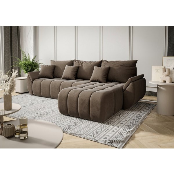 Fun Möbel Ecksofa Schlafsofa Sofa Louise in Stoff Monolith, Ottomane Links oder Rechts, Rundumbezug und ausziehbare Liegefläche