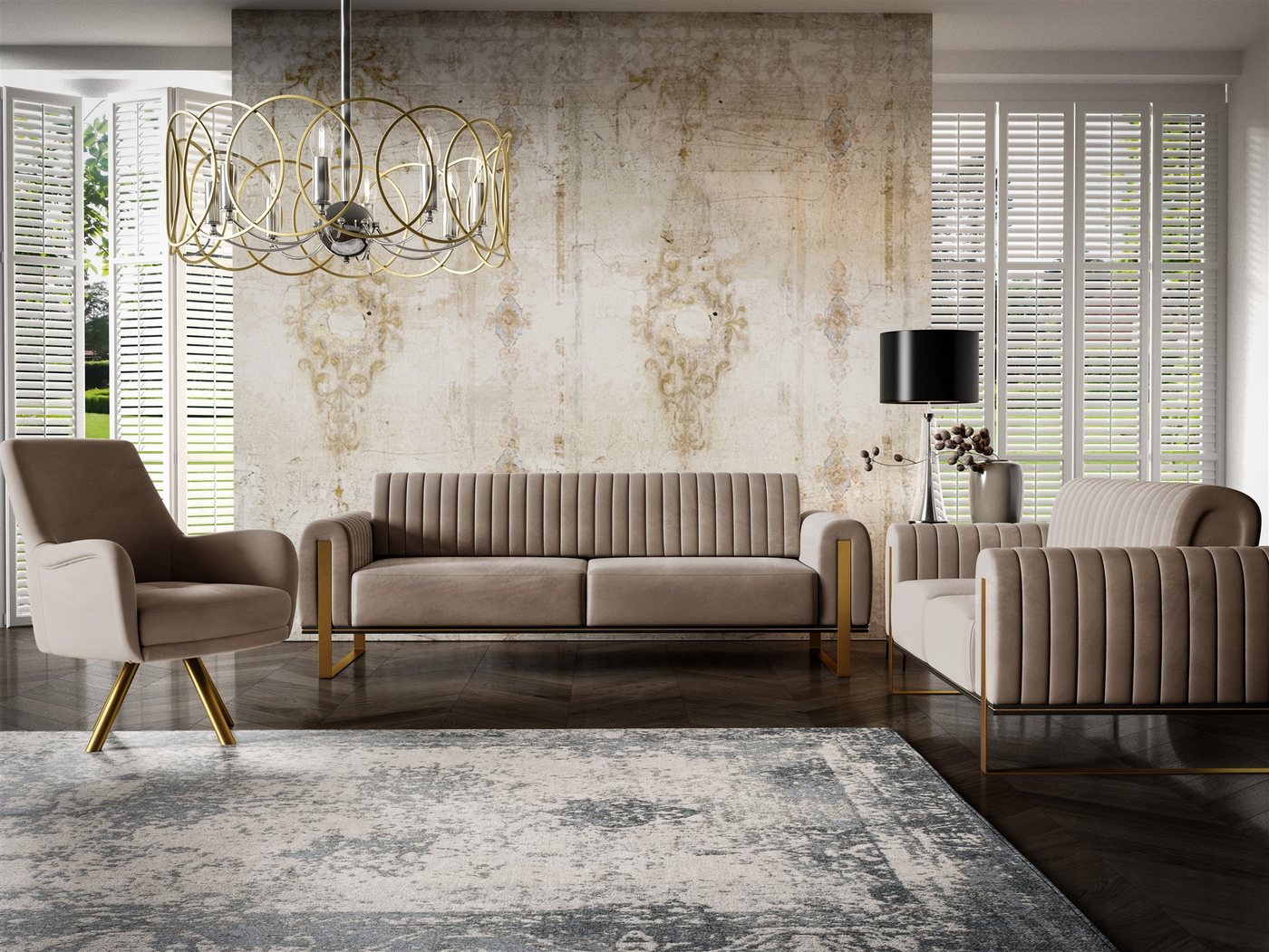 Fun Möbel Polstergarnitur Sofaset Designersofas VALERIE 3-2-1 in Stoff Elisa Velvet, (3-tlg., 2 Sofas und 1 Sessel), Rückenlehne verstellbar, Drehbarer Sessel,  – Bild 2 von 5