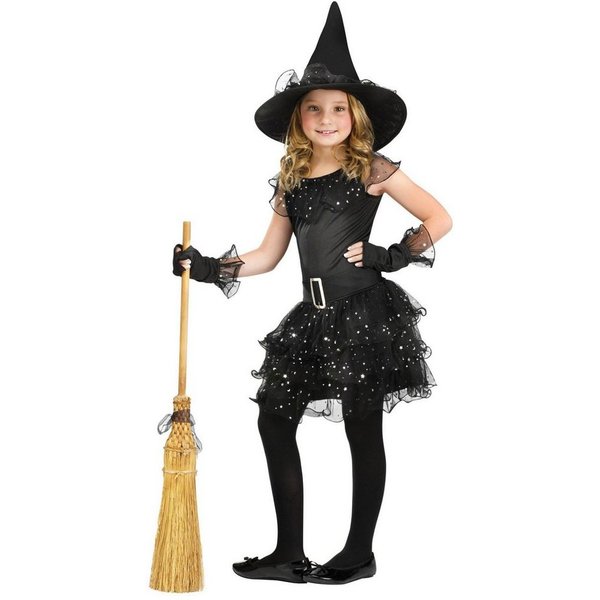 Fun World Hexen-Kostüm Hexe Kleid - Halloween Kostüm Kinder - Fasching, Zauberhaftes Glitzer Hexen Kostüm für Mädchen