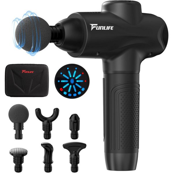FunLife Massagepistole Tiefengewebe Massagepistole 12 mm Hub, Komplett-Set, 6 Aufsätze, Tasche & Geschenkverpackung, 10 Stufen · USB-C · unter 45 dB