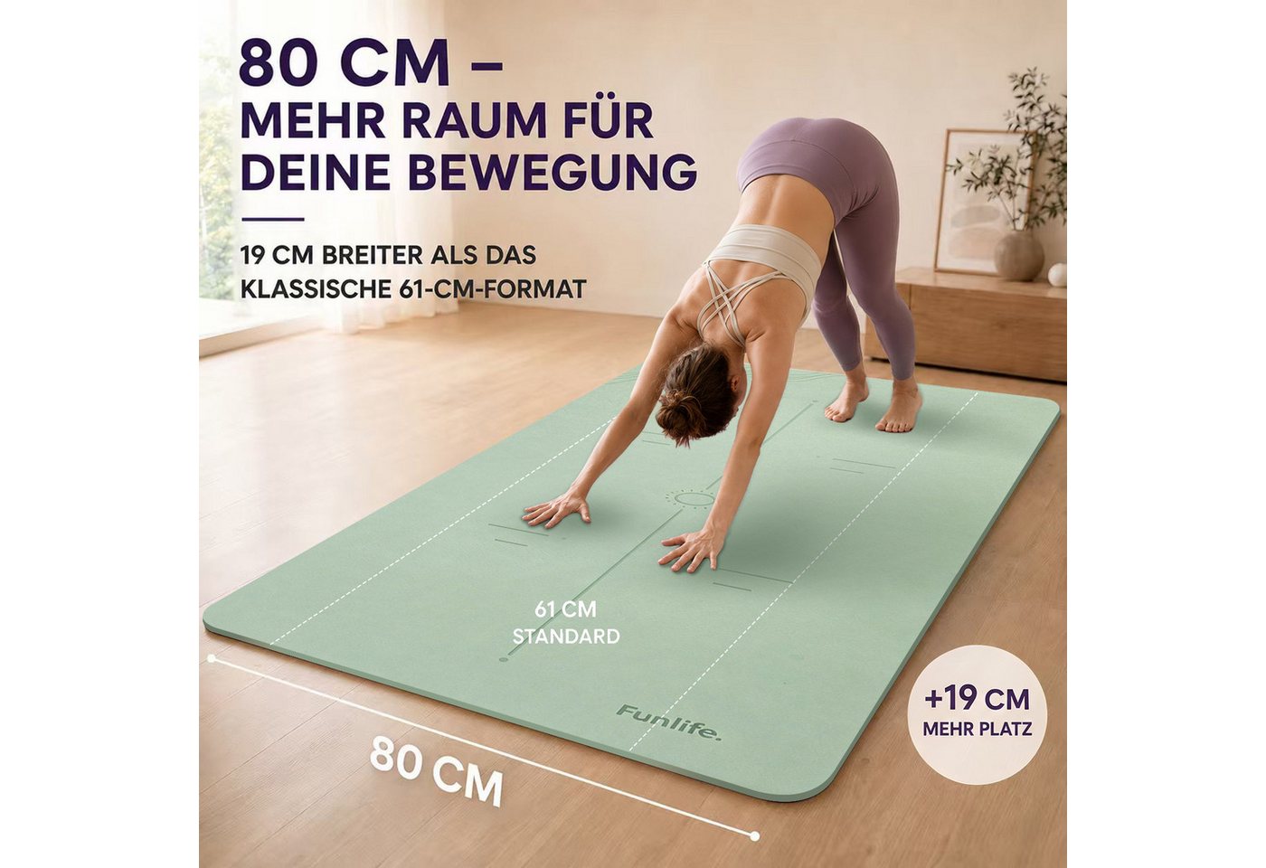 FunLife Yogamatte EXTRA WIDE 80 CM – einzeln oder mit 3 Widerstandsbändern (Set, Yogamatte, Tragegurt), extra breit, 8 mm gepolstert, rutschhemmend – Bild 2 von 5