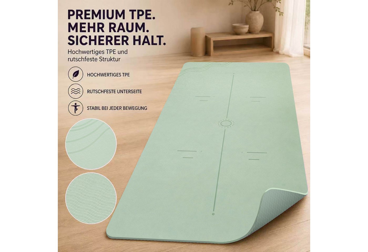 FunLife Yogamatte EXTRA WIDE 80 CM – einzeln oder mit 3 Widerstandsbändern (Set, Yogamatte, Tragegurt), extra breit, 8 mm gepolstert, rutschhemmend – Bild 3 von 5