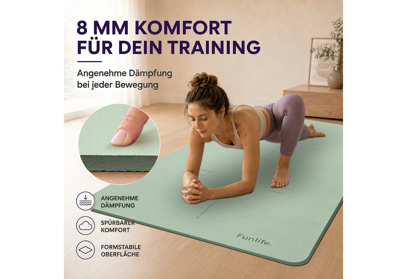 FunLife Yogamatte EXTRA WIDE 80 CM – einzeln oder mit 3 Widerstandsbändern (Set, Yogamatte, Tragegurt), extra breit, 8 mm gepolstert, rutschhemmend – Bild 4 von 5