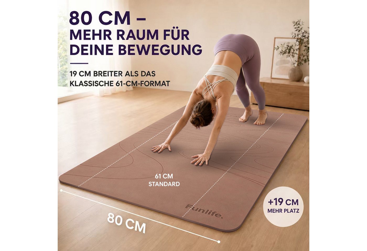 FunLife Yogamatte EXTRA WIDE 80 CM – einzeln oder mit 3 Widerstandsbändern (Set, Yogamatte, Tragegurt), extra breit, 8 mm gepolstert, rutschhemmend – Bild 2 von 5
