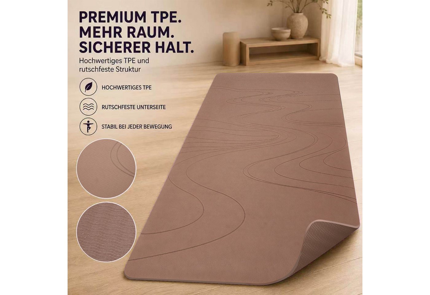 FunLife Yogamatte EXTRA WIDE 80 CM – einzeln oder mit 3 Widerstandsbändern (Set, Yogamatte, Tragegurt), extra breit, 8 mm gepolstert, rutschhemmend – Bild 3 von 5