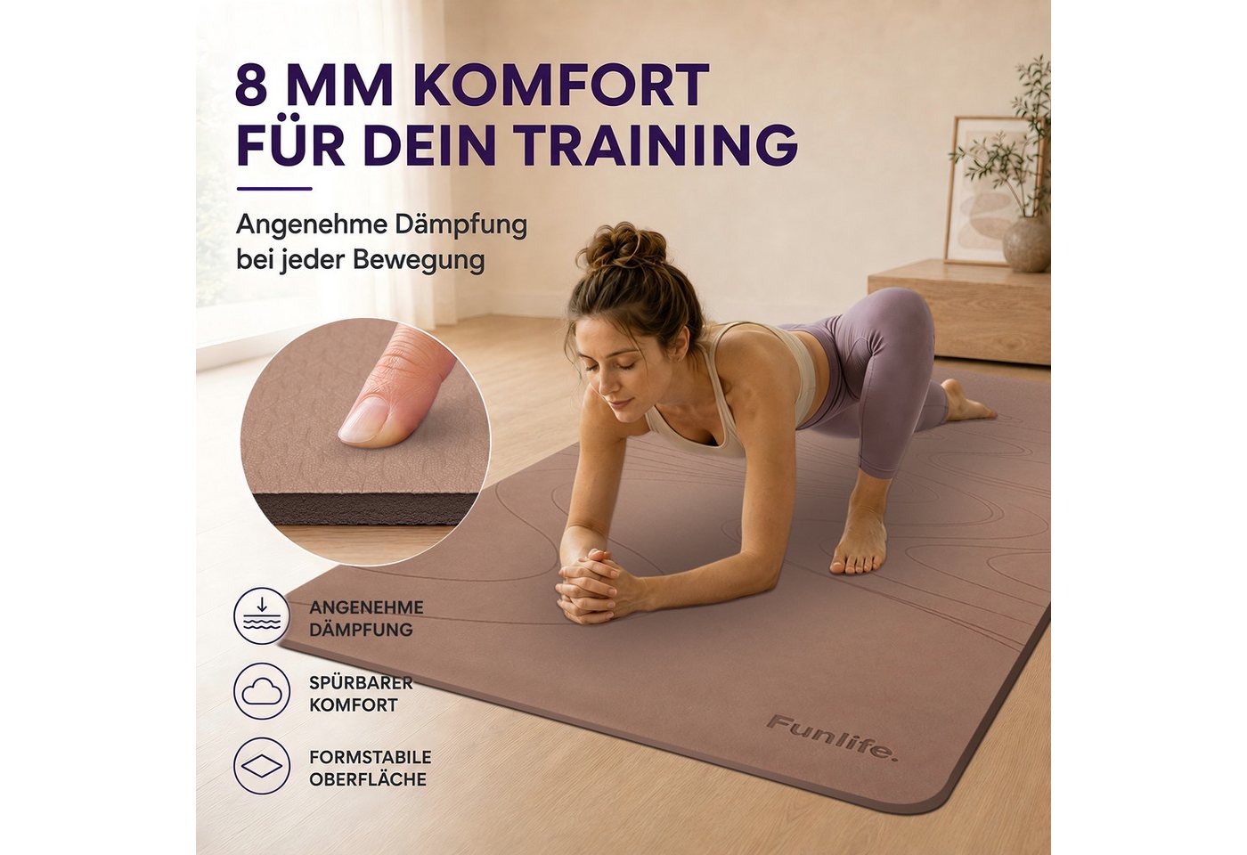 FunLife Yogamatte EXTRA WIDE 80 CM – einzeln oder mit 3 Widerstandsbändern (Set, Yogamatte, Tragegurt), extra breit, 8 mm gepolstert, rutschhemmend – Bild 4 von 5