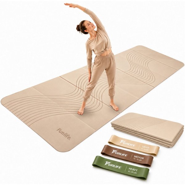 FunLife Yogamatte FOLD Design-Edition – Einzelmatte oder Set mit 3 Fitnessbändern (Einzelmatte), 10 mm dick, faltbar, platzsparend, 190 × 66 cm