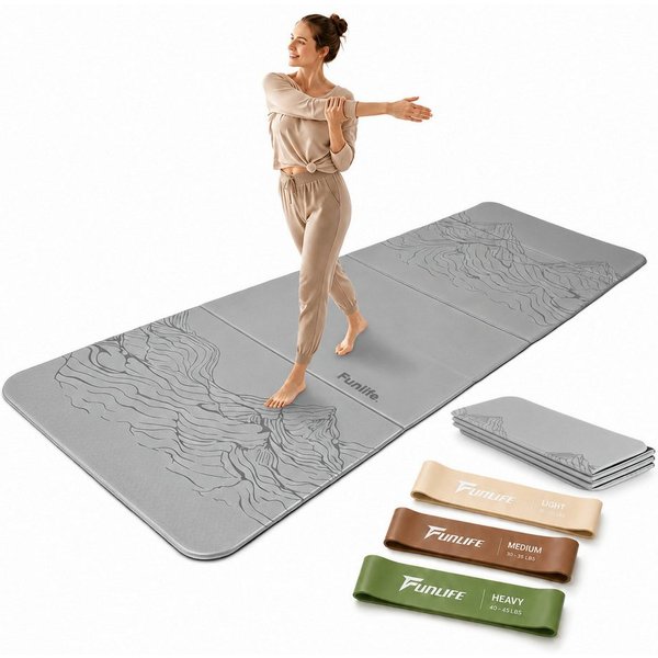 FunLife Yogamatte FOLD Design-Edition – Einzelmatte oder Set mit 3 Fitnessbändern (Einzelmatte), 10 mm dick, faltbar, platzsparend, 190 × 66 cm