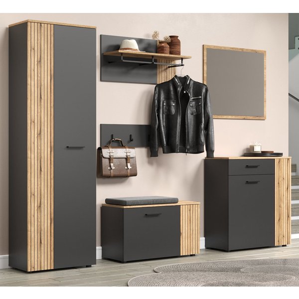 Furn.Design Garderoben-Set Avila, (in grau/Anthrazit mit Evoke Eiche Staboptik, Komplett-Set 6-teilig), variable Inneneinteilung