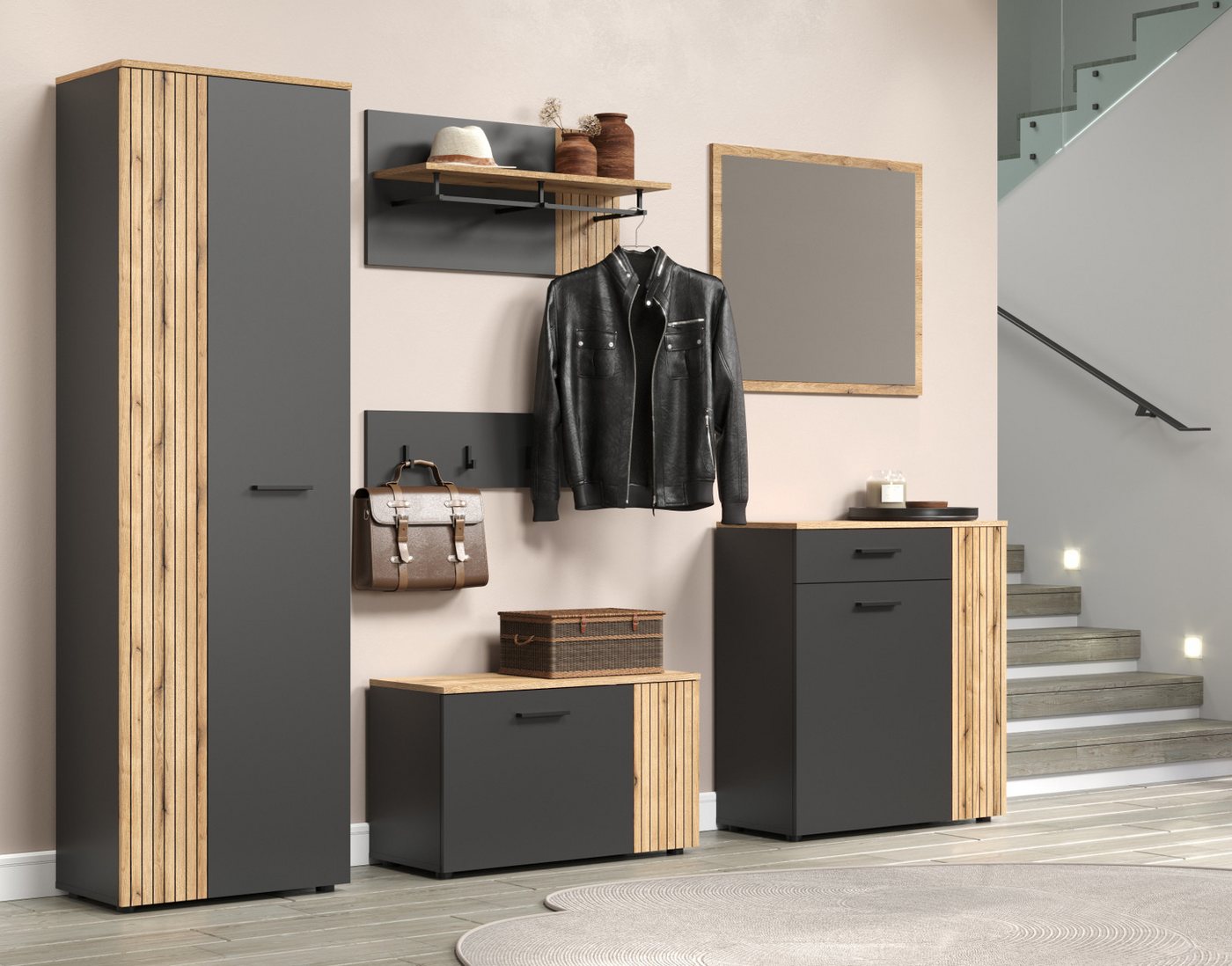 Furn.Design Garderoben-Set Avila, (in grau/Anthrazit mit Evoke Eiche Staboptik, Komplett-Set 6-teilig), variable Inneneinteilung – Bild 5 von 5