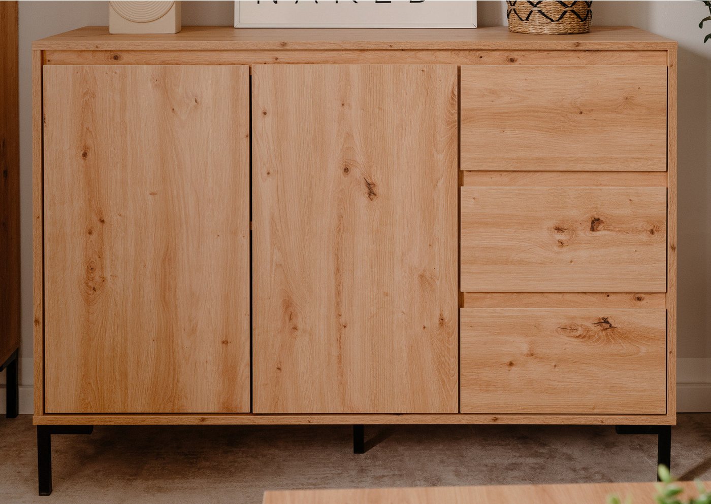 Furn.Design Kommode Bastia (Sideboard in Eiche Artisan, 3 Schubladen, 2-türig, 120 x 87 cm), mit viel Stauraum – Bild 2 von 5