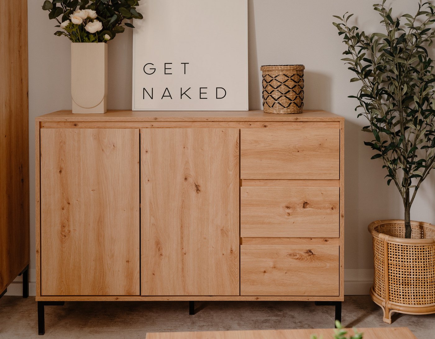 Furn.Design Kommode Bastia (Sideboard in Eiche Artisan, 3 Schubladen, 2-türig, 120 x 87 cm), mit viel Stauraum – Bild 5 von 5