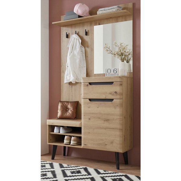Furn.Design Kompaktgarderobe Ronson (Garderobe in Eiche Artisan mit schwarz, 110 x 200 cm) Komplett-Set 4-teilig