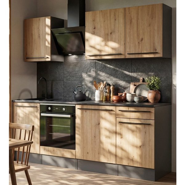 Furn.Design Küchenzeile Smart, (Set 7-teilig in Eiche Artisan und Grau, Breite 220 cm), verschiedene Stellmöglichkeiten