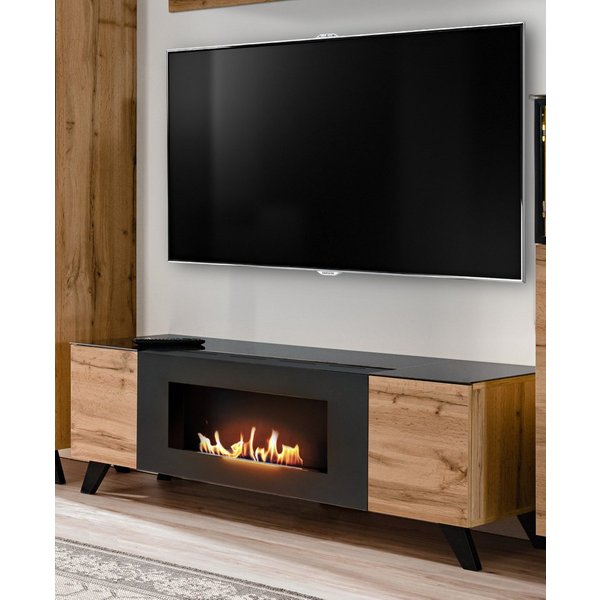 Furn.Design TV-Board Heritage (TV Lowboard in Wotan Eiche mit Schwarz, 2-türig, 150 x 47 cm), Push-To-Open-Funktion und integrierter Kamin