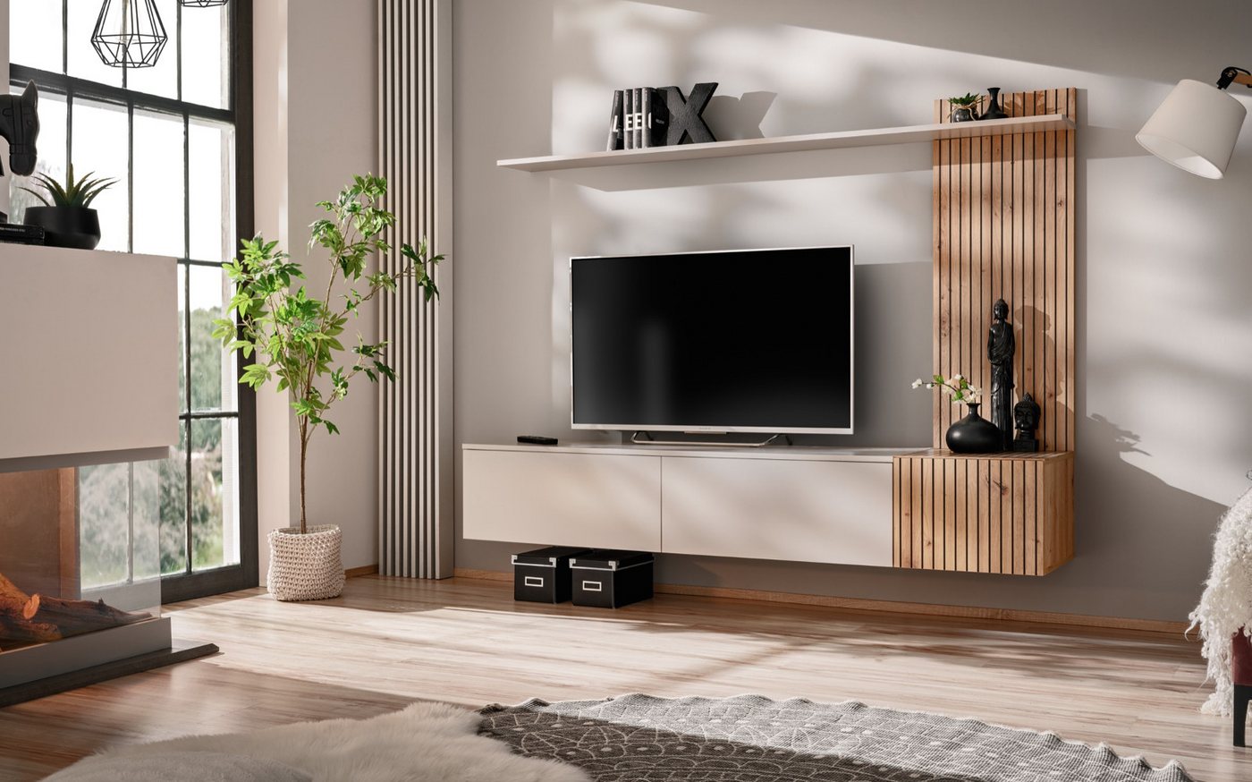 Furn.Design TV-Wand Madina, (Hängende Flat-TV Wand In Kaschmir mit Eiche, Breite 180 cm, TV bis ca. 70), mit Push-To-Open und Soft-Close – Bild 2 von 5