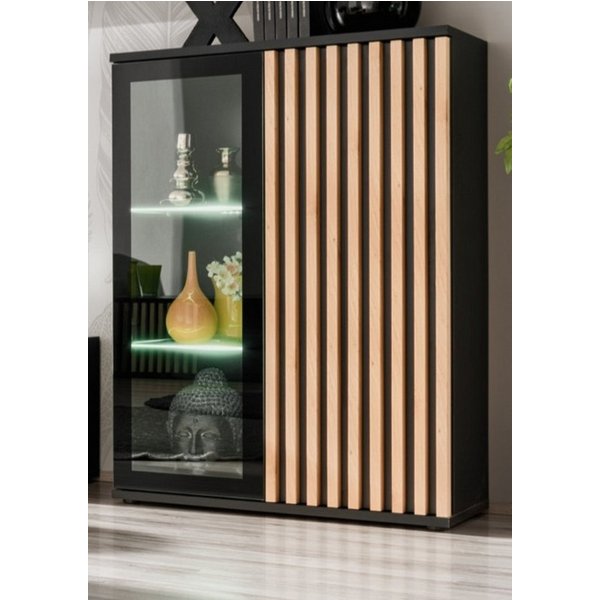 Furn.Design Vitrine Morgan (Hohe Kommode in Schwarz mit Eiche Lamellen, 80 x 118 cm) Push-to-Open-Funktion, inklusive Beleuchtung