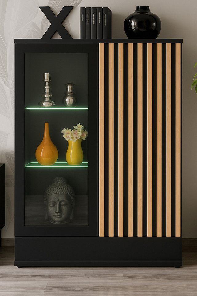 Furn.Design Vitrine Morgan (Hohe Kommode in Schwarz mit Eiche Lamellen, 80 x 118 cm) Push-to-Open-Funktion, inklusive Beleuchtung – Bild 2 von 5