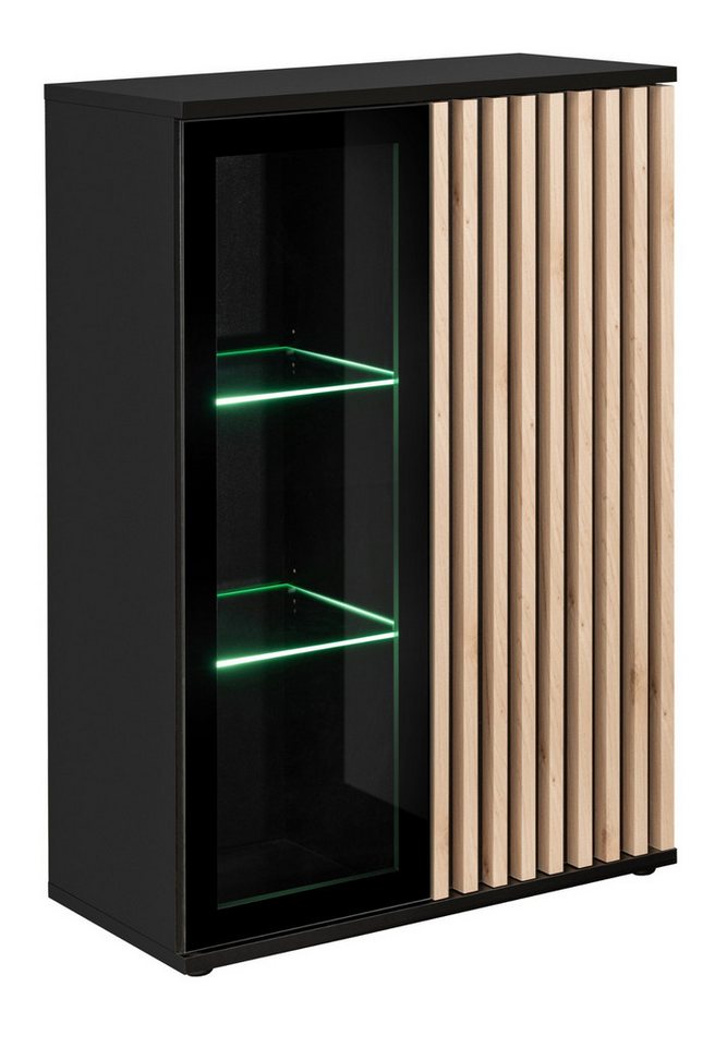 Furn.Design Vitrine Morgan (Hohe Kommode in Schwarz mit Eiche Lamellen, 80 x 118 cm) Push-to-Open-Funktion, inklusive Beleuchtung – Bild 5 von 5