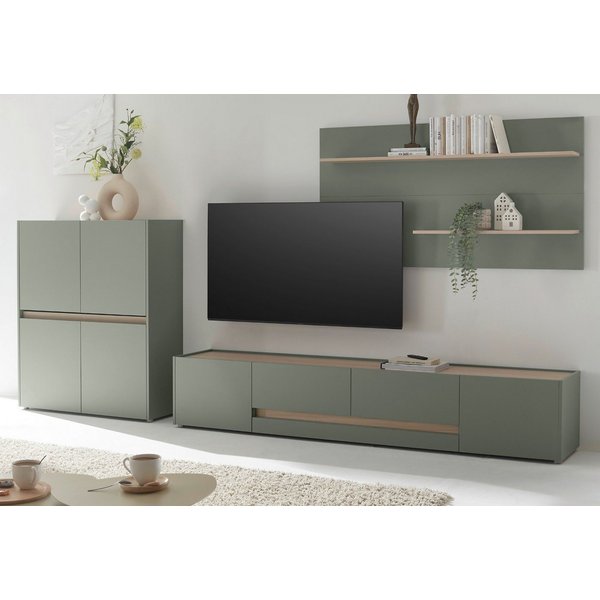 Furn.Design Wohnwand Center, (3-teiliges Set in Salbei mit Eiche Dekor, ca. 340 cm), mit 10 Fächern und 220 cm TV Lowboard